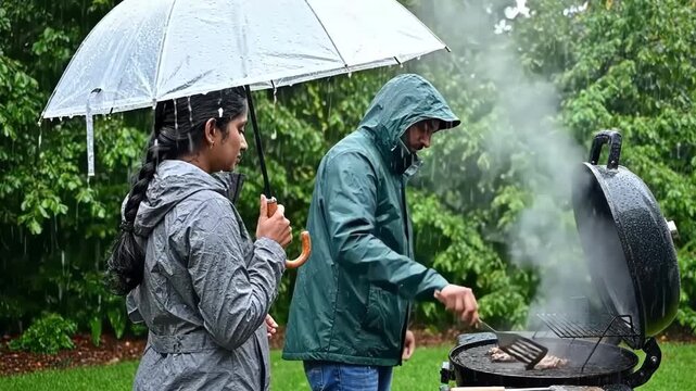 Couple grilling outdoors under umbrella during heavy rain shower