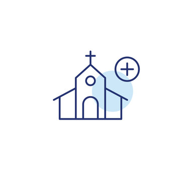 Community growth, parish support. Church and plus symbol. Pixel perfect, editable stroke vector icon
