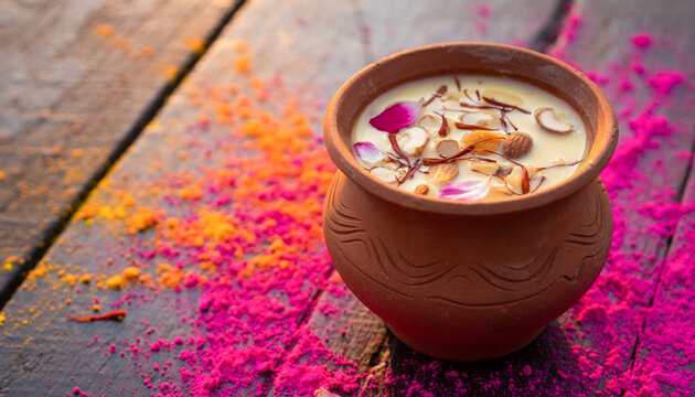 Traditional Clay Cup of Thandai Drink with Saffron and Nuts on Wooden Table with Holi Colors