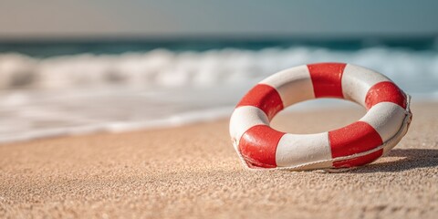 Naklejka premium The Lifebuoy on a Sandy Beach with Soft Waves and Sunny Sky