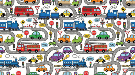 Naklejka premium Cute Cartoon Transportation Seamless Pattern. Hand-drawn doodle background with colorful cars, trains, fire trucks, and traffic signs on winding roads.