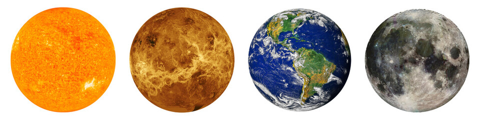 Set Of Sun, Venus, Earth and Moon isolated on png background. Satellite view of planets and star in solar system. Elements of this image furnished by NASA. © gizemg