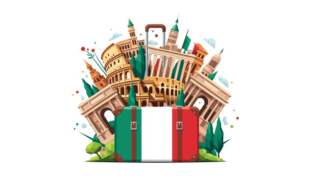 Italian landmarks with flag suitcase: roman architecture and travel journey