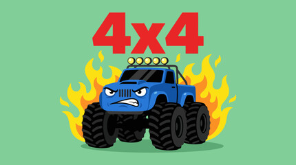 Aggressive Cartoon 4x4 Monster Truck Mascot with Flames and Giant Tires. High-Energy Off-Road Vehicle Vector Graphic. © ZIIZE STUDIO