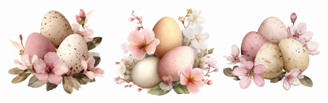 Spring Easter collection featuring watercolor eggs decorated with delicate sakura patterns. Charming vintage-style illustrations in soft pastel colors for festive projects. Vector illustration.