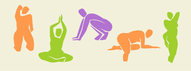 Woman figures contemporary abstract silhouette, hand drawn cut out feminine form different poses. Flat collage mid-century style, applique unique design, female shape poster, decorative art. Isolated.