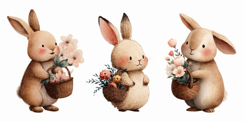 Obraz premium Watercolor Easter Bunnies Collection. Adorable bunnies with spring flowers, decorative baskets and magical woodland creatures, perfect for holiday decorations and celebrations. Vector illustration.