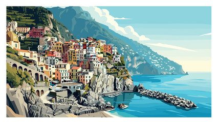 Naklejka premium Scenic seaside village with colorful houses and majestic mountain view
