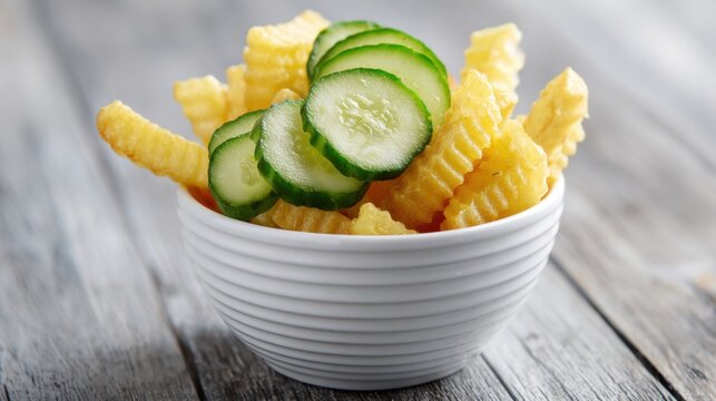 Crinkle-cut fries and cucumber slices in white bowl on wooden table.