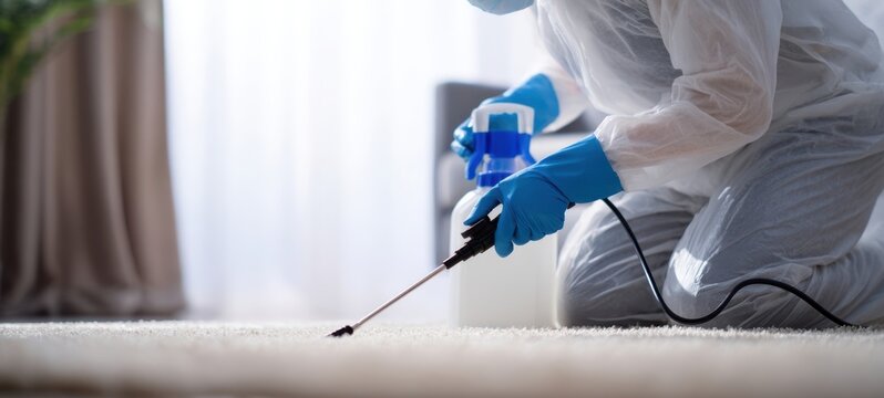 The pest control technician spraying insecticide on a living room carpet to exterminate pests