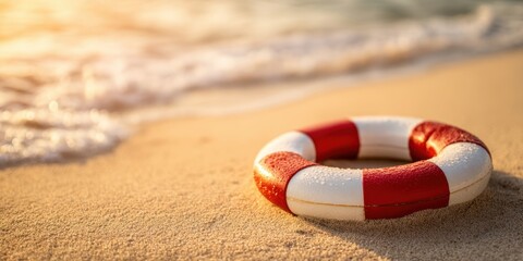 Naklejka premium The Lifebuoy on a Sandy Beach at Sunset with Gentle Waves and Water Droplets