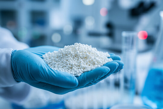 Engineer Holding White Plastic Polymer in Laboratory, Petrochemical Raw Material for Polymer Science Research and Testing