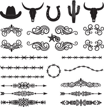 Collection of black western and decorative on white background also transparent background cowboy hat