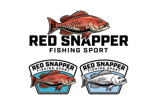 Red snapper fish colorful badge logo design set for angling sport club. Reef saltwater coastal fish modern patch sticker graphic pack for fishing sport and tournament. Vector Illustration