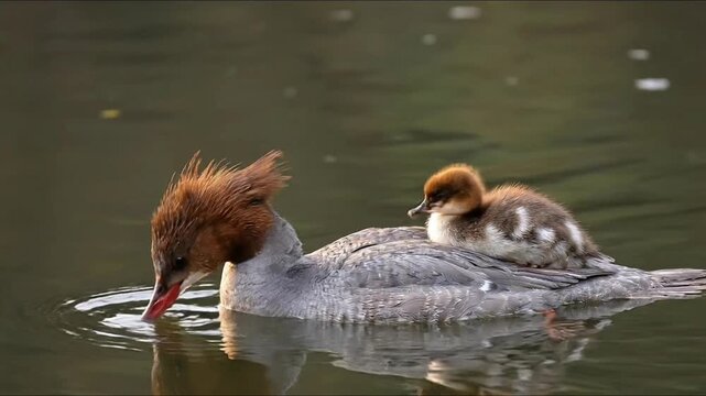 Female Common Merganser duck swimming with a duckling on its back in calm water