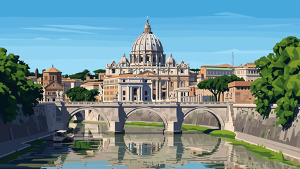 St. peter's basilica and bridge in vivid flat art style