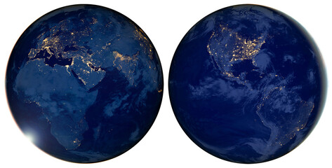 City lights on Earth at night isolated on transparent background, World map, satellite image. Elements of this image furnished by NASA. © gizemg