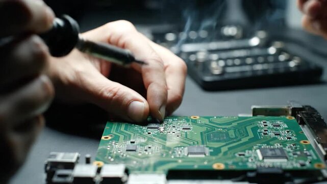 Closeup of Technicians Hands Soldering Electronic Components on a Circuit Board.