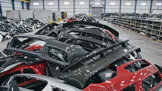 Automobile parts in warehouse. New and used car bumper and fender parts in a junkyard or storage facility.