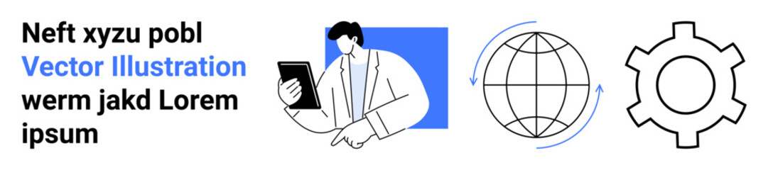 Person using tablet for analysis, globe with arrows, gear icon. Ideal for innovation, teamwork, global business, technology, process optimization, strategic planning simple landing page