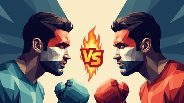 Polygonal style boxing showdown between rivals with fiery vs symbol
