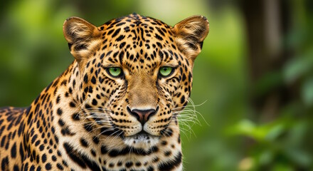 Obraz premium Majestic leopard with striking green eyes and distinctive spotted coat, gazing intently amidst lush greenery, showcasing the beauty of wildlife in its natural habitat