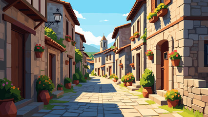Fototapeta premium Charming mediterranean village street with sunlit stone houses and flower pots