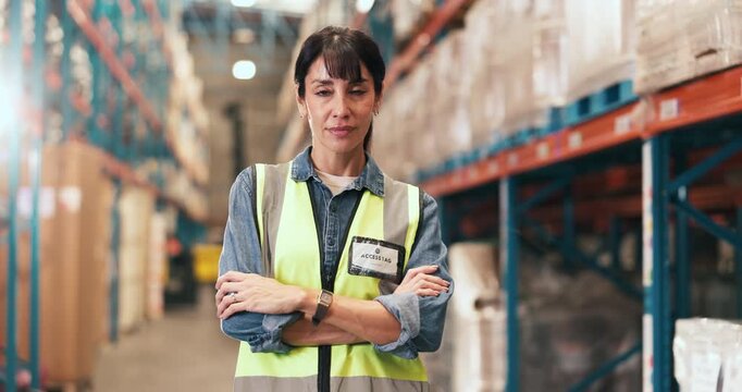 Arms crossed, face and logistics with woman in warehouse for delivery, distribution or shipping. Confidence, supply chain and quality control with mature person in storage depot for import or export