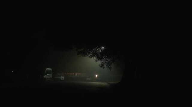 Foggy night street with parked cars and trees, dense fog reduces visibility creating moody cinematic atmosphere of silence solitude and nighttime calm
