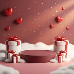 Two red hearts on a white pedestal with a red background