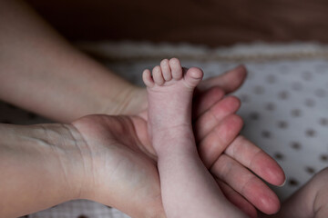 Fototapeta premium A tender family moment at home: the mother carefully holds the baby's little legs. An atmosphere of love, care and closeness between mother and child. The concept of motherhood, early childhood