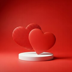 A romantic scene with red heart balloons floating around a white circular platform on a dark background