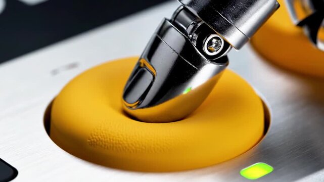 A close-up view of a mechanical arm interacting with a yellow object on a metallic surface