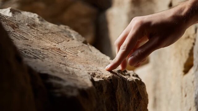 Hand tracing ancient stone inscription with fingertip on weathered rock in archaeological heritage detail