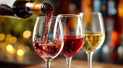 Naklejka premium Red wine flows from a bottle into a glass while white and ros? sit nearby. The setting showcases a restaurant atmosphere with a blurry background