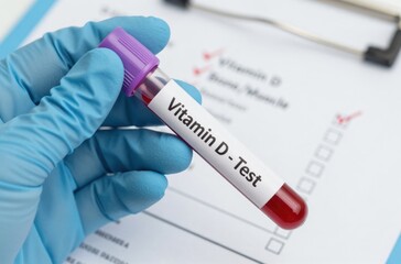 Vitamin D Test Blood Sample in Vial Analyzed for Deficiency, Healthcare Professional Holding Tube