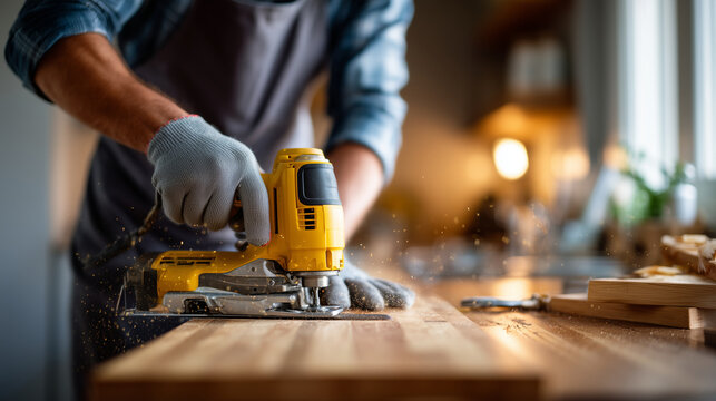 Medium shot of faceless worker in grey gloves using a jigsaw to cut a precise hole for a sink in a wooden countertop, Custom Countertop Fitting, focus on the wood grain and flying