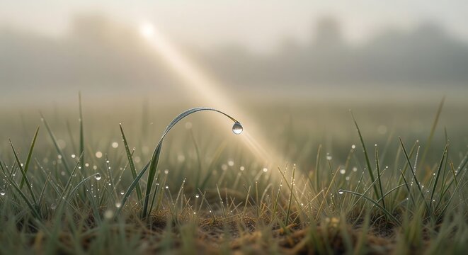 A single dewdrop hangs from a bending grass blade