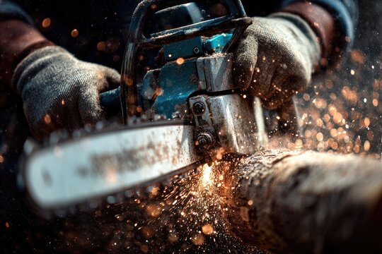 Close-up of hands wielding a chainsaw, cutting through wood, sparks flying