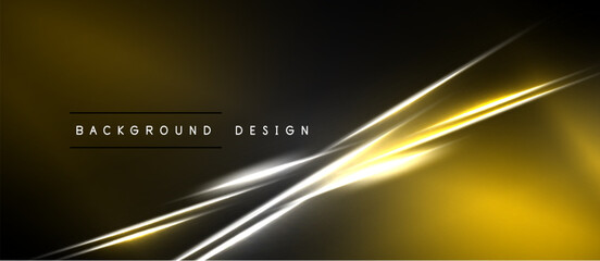 Fototapeta premium Abstract background features golden light streaks, diagonal lines. Dark shades dominate, creating modern visual effect. Text reads background design.