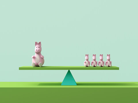 Pig toys balancing in a row on a seesaw as a teamwork concept