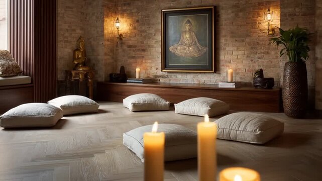 Tranquil meditation room interior cushions candles artwork and relaxation