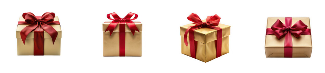 Fototapeta premium Luxurious gold gift boxes with rich red ribbon, ideal for elegant holiday and celebration gifts. isolated on transparent background