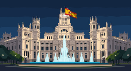 Obraz premium Majestic nightscape of the palacio de cibeles with illuminated fountain in madrid