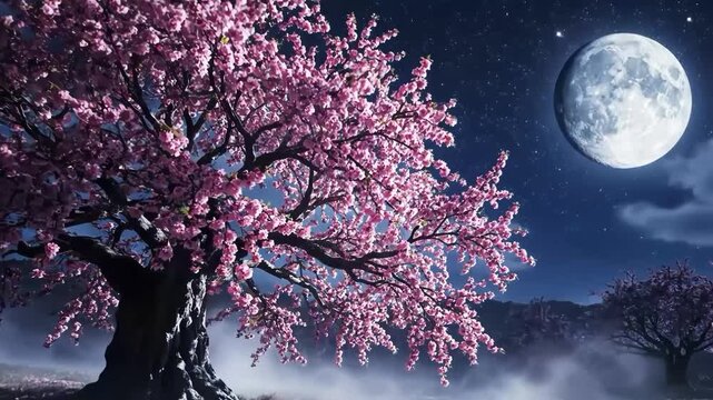 Magical night scene with blooming cherry blossom tree under a full moon