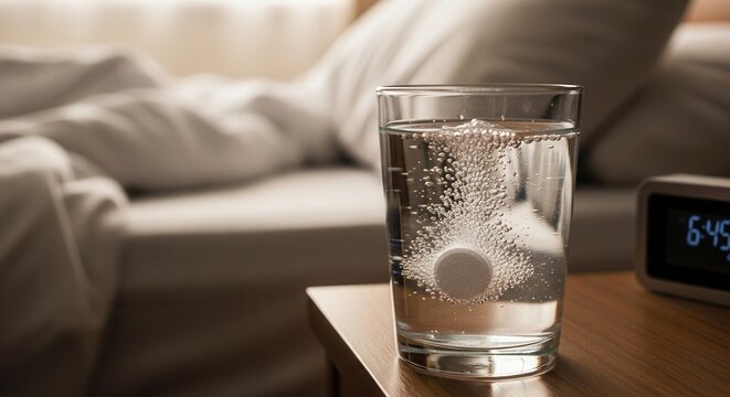 Close up of effervescent tablet fizzing in water glass on nightstand at 6:45 AM. Concept of morning hydration, hangover relief, and pharmaceutical supplement in a cozy bedroom setting.