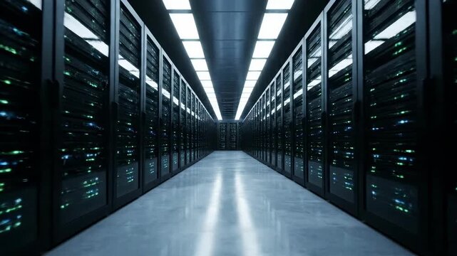 Modern data center server room with rows of computer racks and bright overhead lighting.