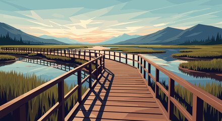Fototapeta premium Scenic boardwalk through serene wetlands at sunset in geometric art style