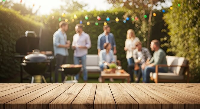 A group of people gathered in a backyard with a wooden table in the foreground