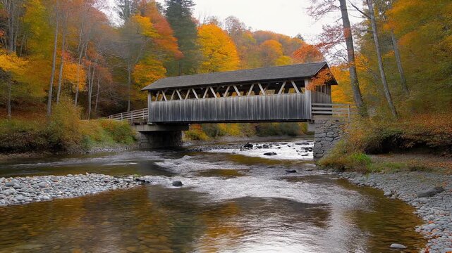 Covered Bridge over Stream. Fall Foliage in Rural Countryside. Wide shot of an antique wooden covered bridge spanning a shallow, clear stream. The riverbanks are heavily wooded with trees.
